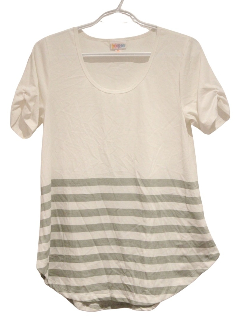 2/$25 🏷 Lularoe White Tshirt with Green Stripes on Bottom Half Size XS